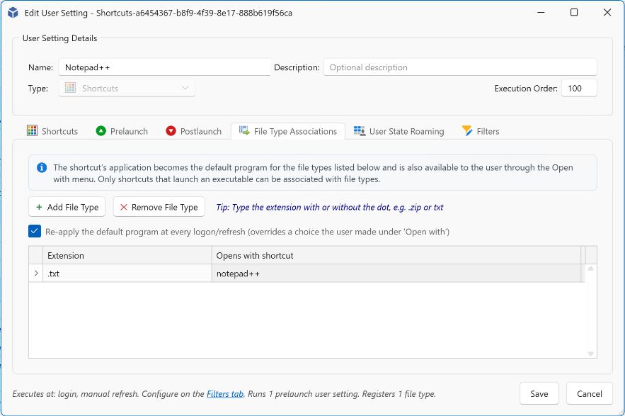 Managed shortcut File Type Associations tab associating the .txt extension with Notepad++