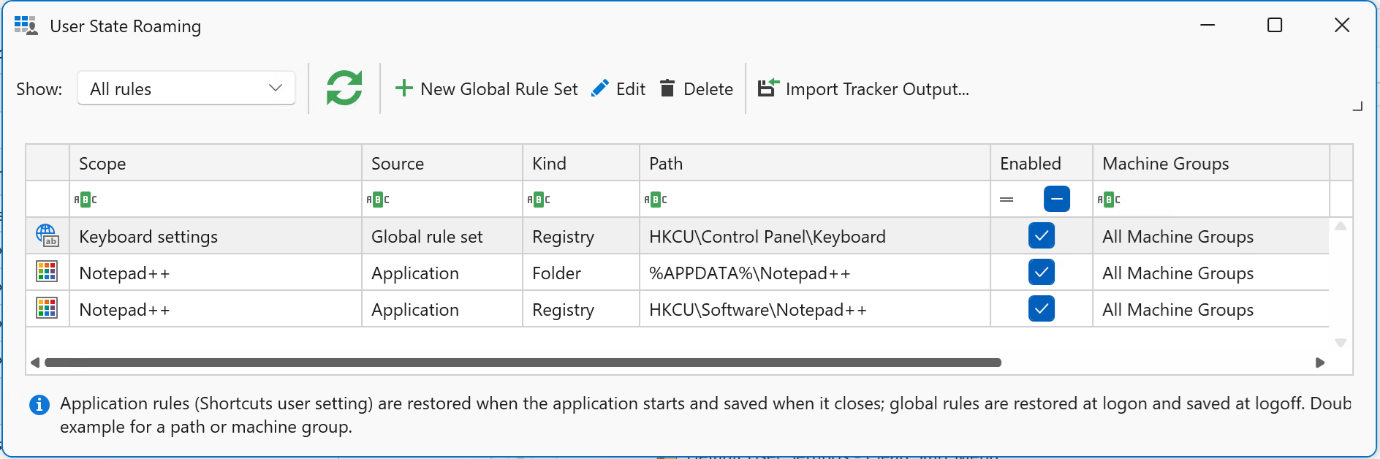 User State Roaming window listing a global rule set and application rules